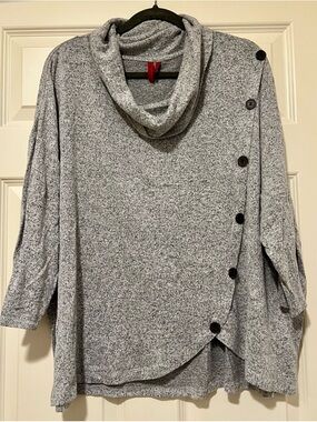 Cozy Grey Cowl-Neck Button-Accent Sweater